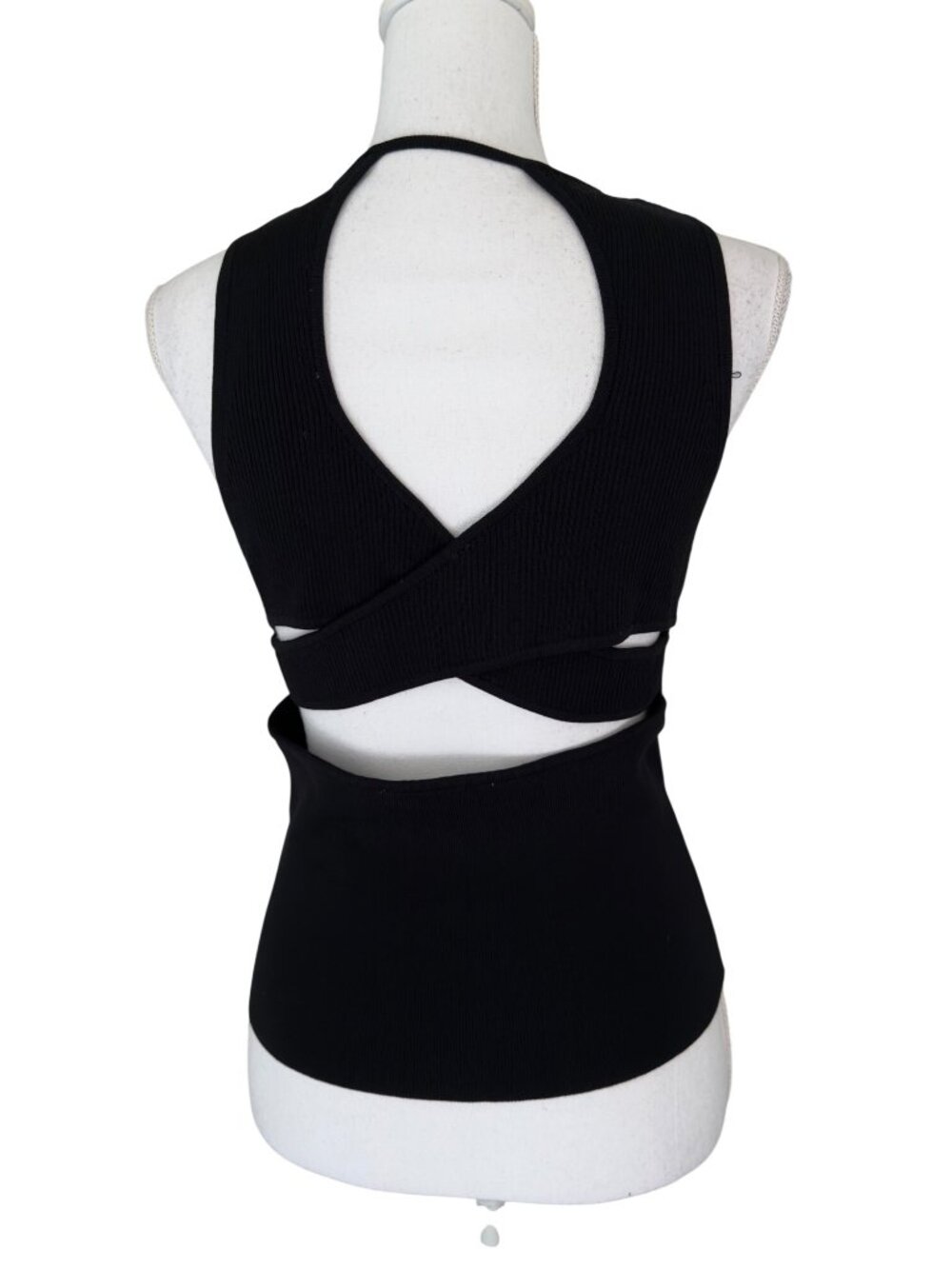 Zara Size Large Open Back Black Ribbed Knit Sleeveless Top Shirt